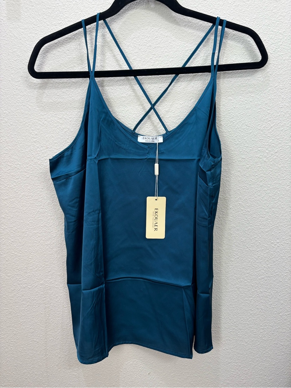 Ekouaer Teal Satin Cami with Crisscross Back